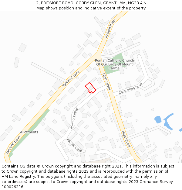 2, PRIDMORE ROAD, CORBY GLEN, GRANTHAM, NG33 4JN: Location map and indicative extent of plot