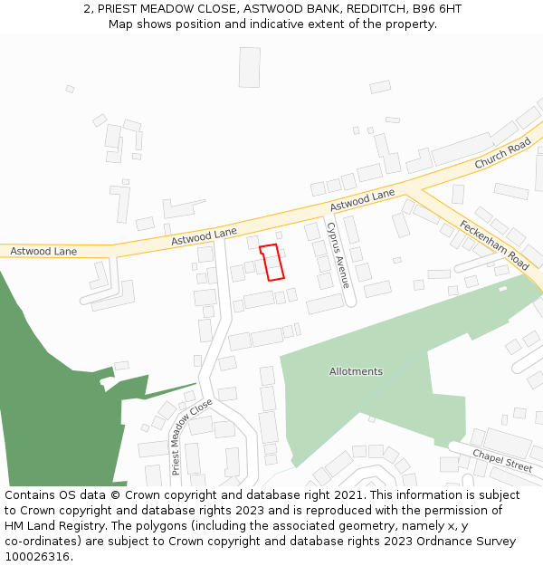 2, PRIEST MEADOW CLOSE, ASTWOOD BANK, REDDITCH, B96 6HT: Location map and indicative extent of plot