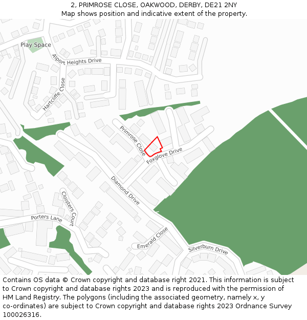 2, PRIMROSE CLOSE, OAKWOOD, DERBY, DE21 2NY: Location map and indicative extent of plot