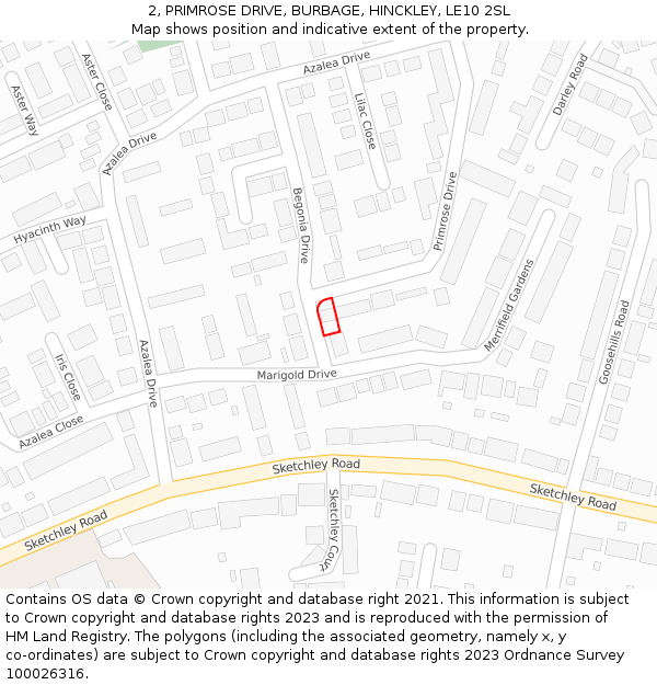 2, PRIMROSE DRIVE, BURBAGE, HINCKLEY, LE10 2SL: Location map and indicative extent of plot