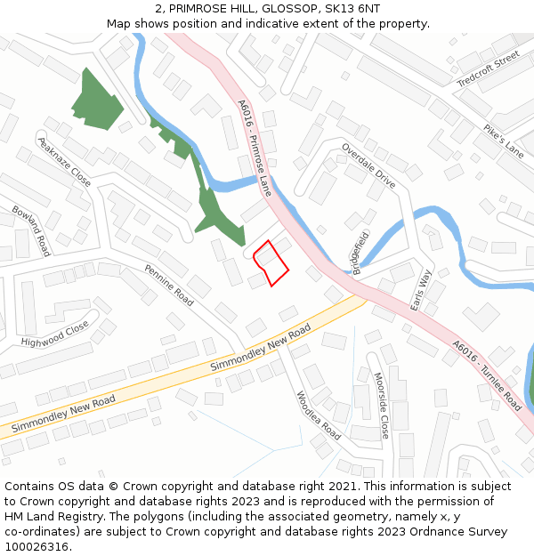 2, PRIMROSE HILL, GLOSSOP, SK13 6NT: Location map and indicative extent of plot