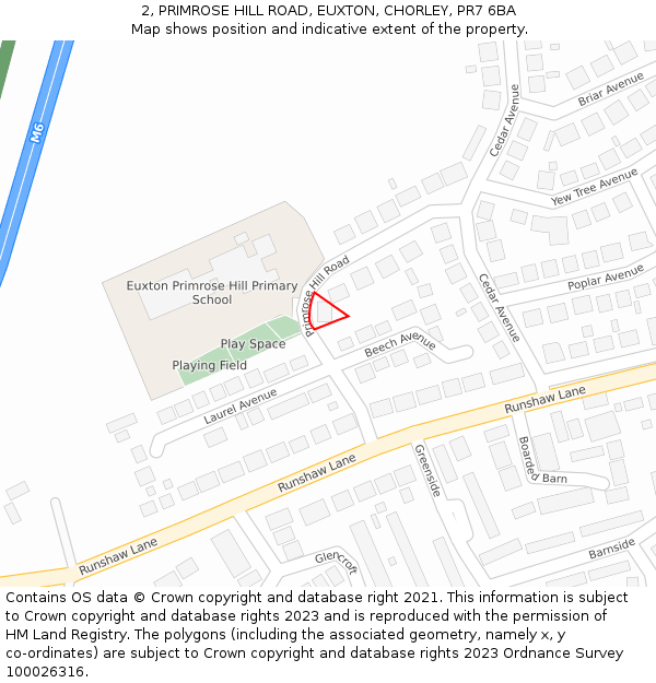 2, PRIMROSE HILL ROAD, EUXTON, CHORLEY, PR7 6BA: Location map and indicative extent of plot