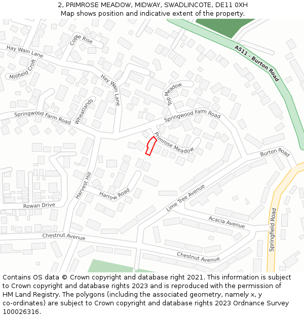 2, PRIMROSE MEADOW, MIDWAY, SWADLINCOTE, DE11 0XH: Location map and indicative extent of plot