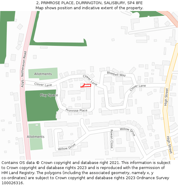 2, PRIMROSE PLACE, DURRINGTON, SALISBURY, SP4 8FE: Location map and indicative extent of plot