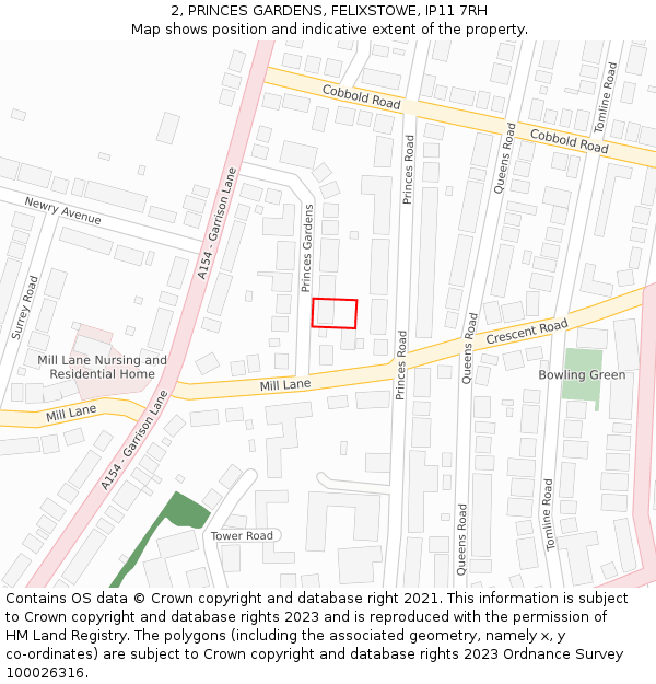 2, PRINCES GARDENS, FELIXSTOWE, IP11 7RH: Location map and indicative extent of plot
