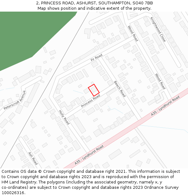 2, PRINCESS ROAD, ASHURST, SOUTHAMPTON, SO40 7BB: Location map and indicative extent of plot