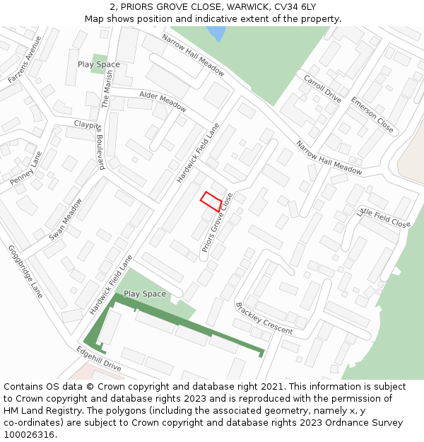 2, PRIORS GROVE CLOSE, WARWICK, CV34 6LY: Location map and indicative extent of plot