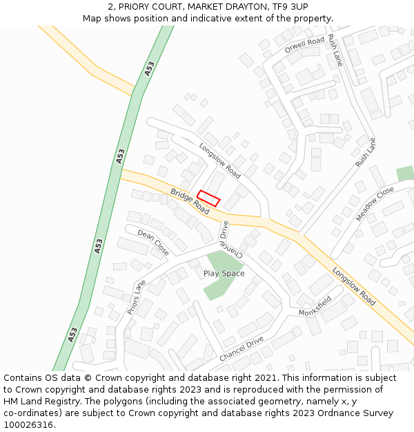 2, PRIORY COURT, MARKET DRAYTON, TF9 3UP: Location map and indicative extent of plot