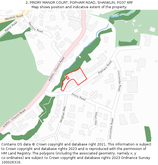 2, PRIORY MANOR COURT, POPHAM ROAD, SHANKLIN, PO37 6RF: Location map and indicative extent of plot