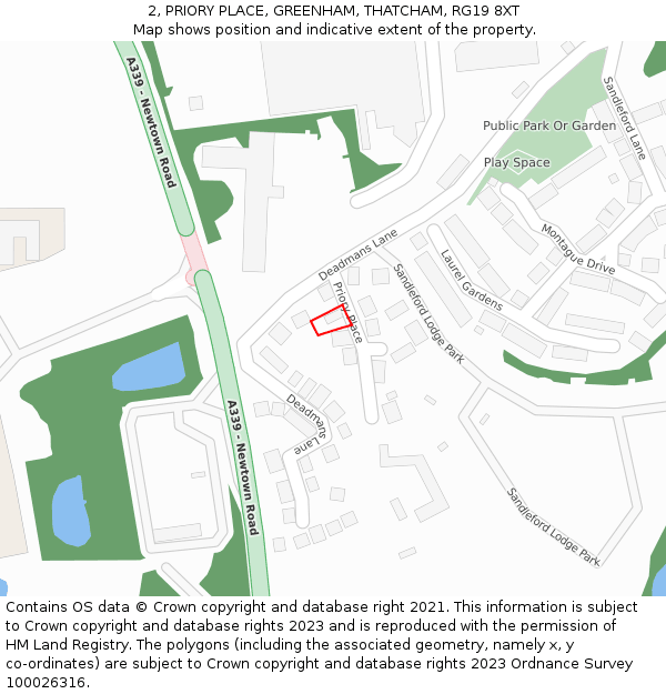2, PRIORY PLACE, GREENHAM, THATCHAM, RG19 8XT: Location map and indicative extent of plot
