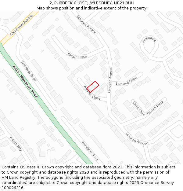 2, PURBECK CLOSE, AYLESBURY, HP21 9UU: Location map and indicative extent of plot