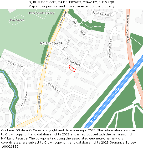 2, PURLEY CLOSE, MAIDENBOWER, CRAWLEY, RH10 7QR: Location map and indicative extent of plot