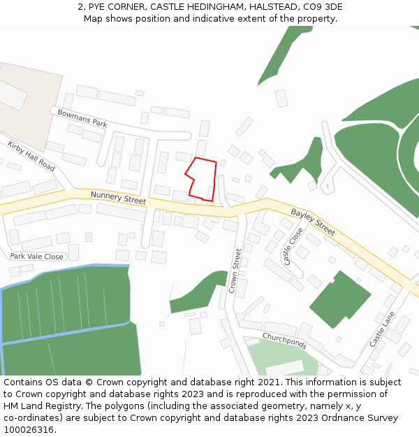 2, PYE CORNER, CASTLE HEDINGHAM, HALSTEAD, CO9 3DE: Location map and indicative extent of plot