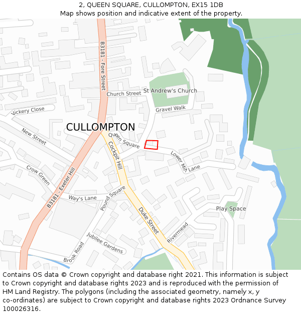 2, QUEEN SQUARE, CULLOMPTON, EX15 1DB: Location map and indicative extent of plot
