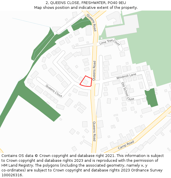 2, QUEENS CLOSE, FRESHWATER, PO40 9EU: Location map and indicative extent of plot