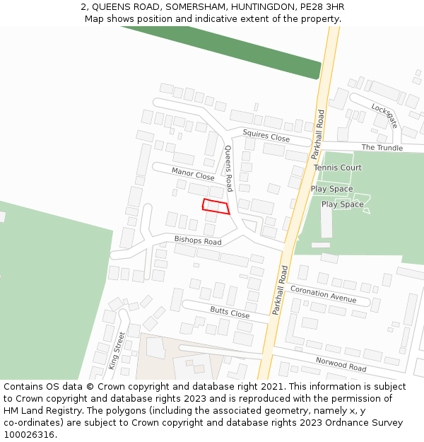 2, QUEENS ROAD, SOMERSHAM, HUNTINGDON, PE28 3HR: Location map and indicative extent of plot