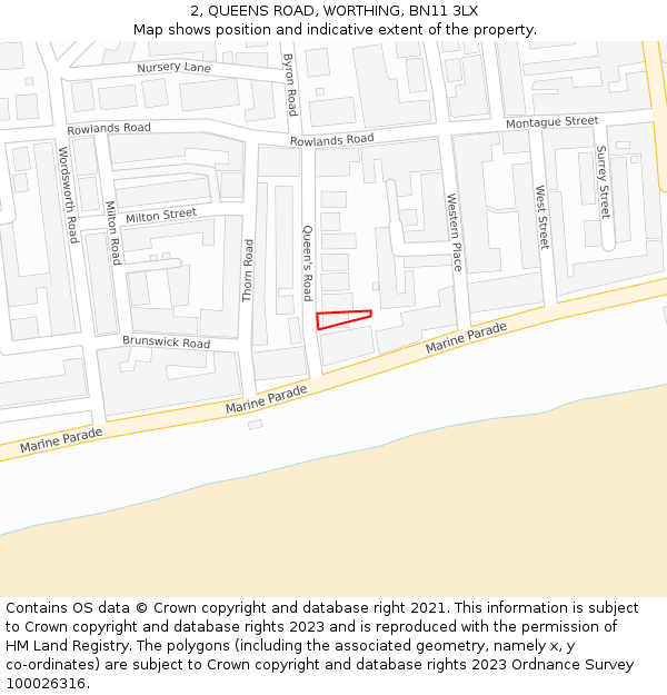 2, QUEENS ROAD, WORTHING, BN11 3LX: Location map and indicative extent of plot