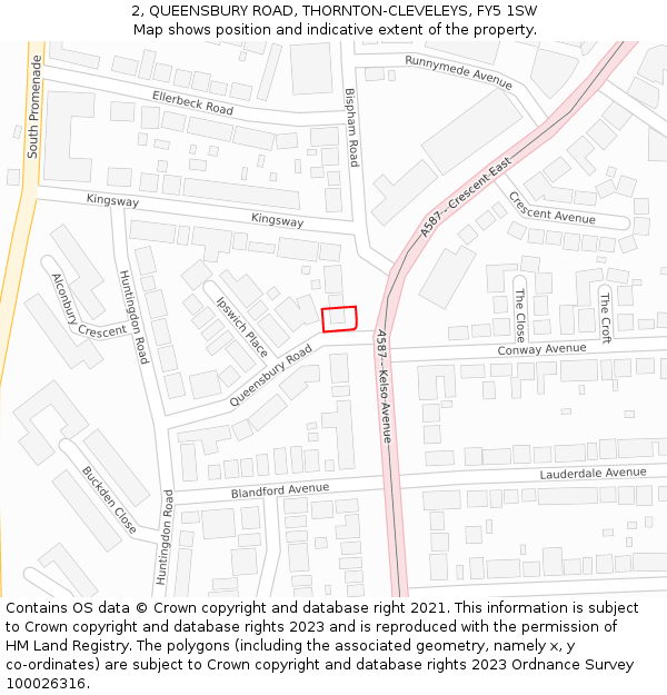 2, QUEENSBURY ROAD, THORNTON-CLEVELEYS, FY5 1SW: Location map and indicative extent of plot