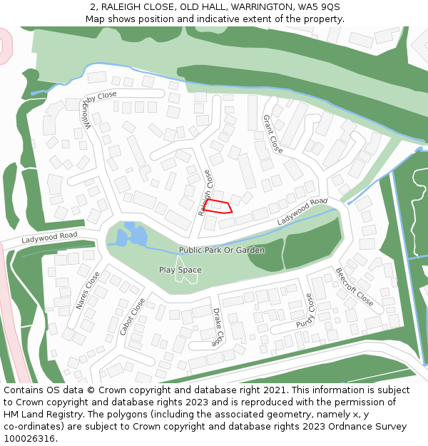 2, RALEIGH CLOSE, OLD HALL, WARRINGTON, WA5 9QS: Location map and indicative extent of plot