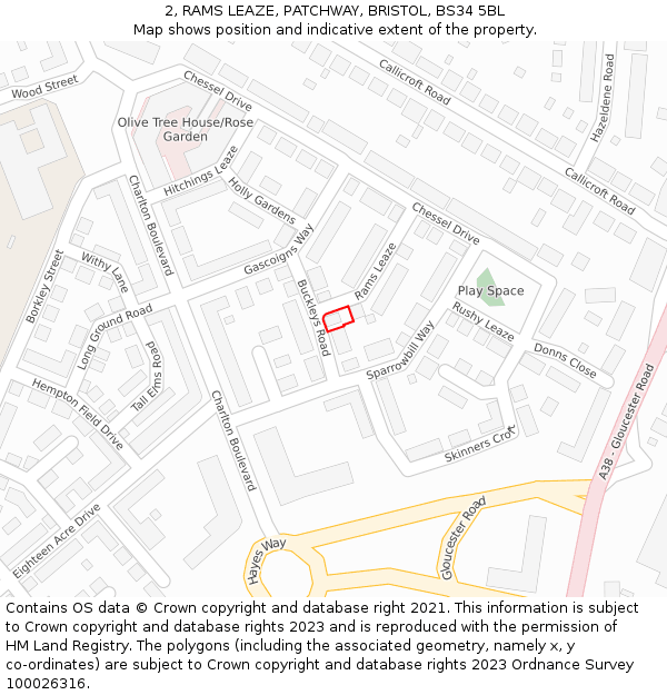 2, RAMS LEAZE, PATCHWAY, BRISTOL, BS34 5BL: Location map and indicative extent of plot