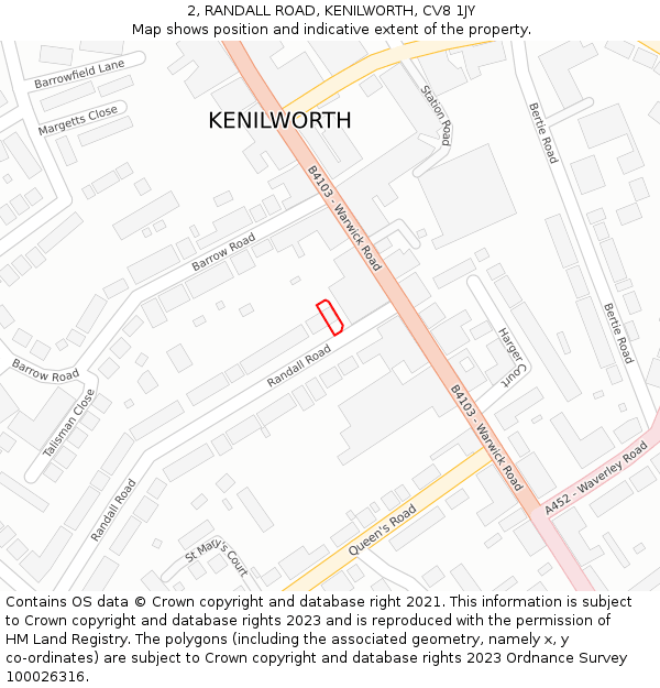 2, RANDALL ROAD, KENILWORTH, CV8 1JY: Location map and indicative extent of plot