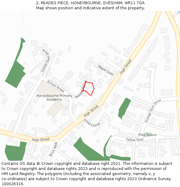 2, READES PIECE, HONEYBOURNE, EVESHAM, WR11 7GA: Location map and indicative extent of plot