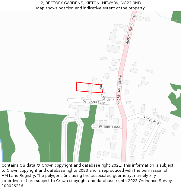 2, RECTORY GARDENS, KIRTON, NEWARK, NG22 9ND: Location map and indicative extent of plot