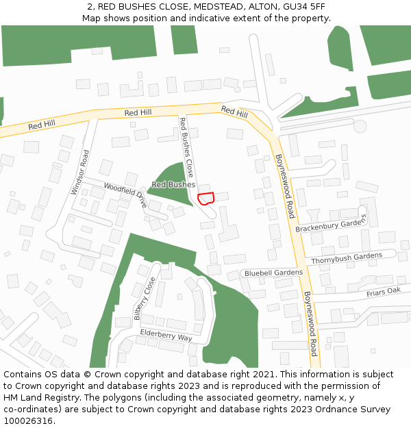 2, RED BUSHES CLOSE, MEDSTEAD, ALTON, GU34 5FF: Location map and indicative extent of plot