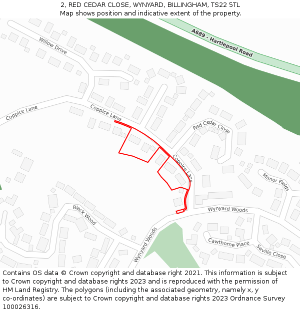 2, RED CEDAR CLOSE, WYNYARD, BILLINGHAM, TS22 5TL: Location map and indicative extent of plot