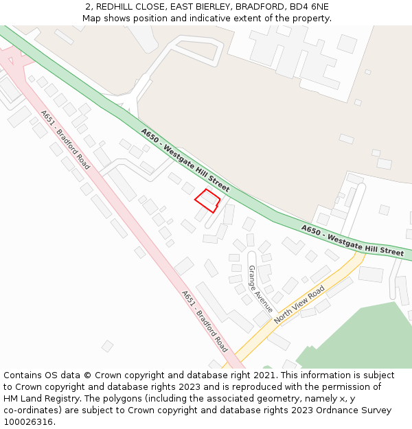 2, REDHILL CLOSE, EAST BIERLEY, BRADFORD, BD4 6NE: Location map and indicative extent of plot