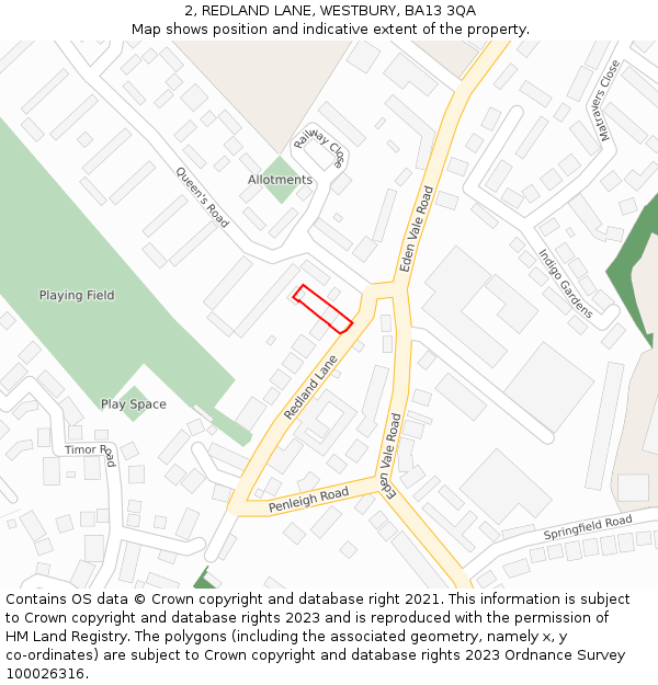 2, REDLAND LANE, WESTBURY, BA13 3QA: Location map and indicative extent of plot