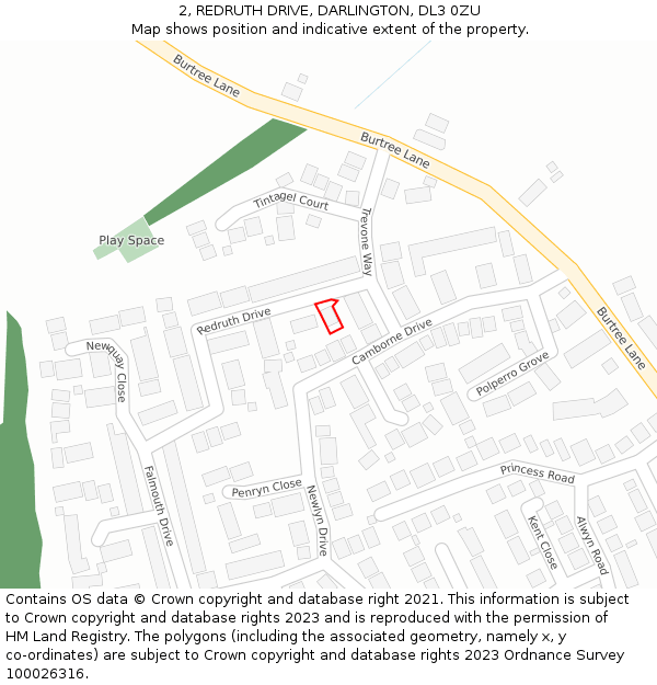 2, REDRUTH DRIVE, DARLINGTON, DL3 0ZU: Location map and indicative extent of plot