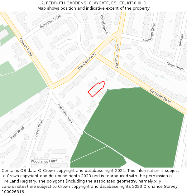 2, REDRUTH GARDENS, CLAYGATE, ESHER, KT10 0HD: Location map and indicative extent of plot