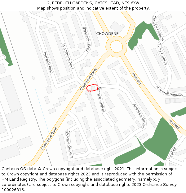 2, REDRUTH GARDENS, GATESHEAD, NE9 6XW: Location map and indicative extent of plot