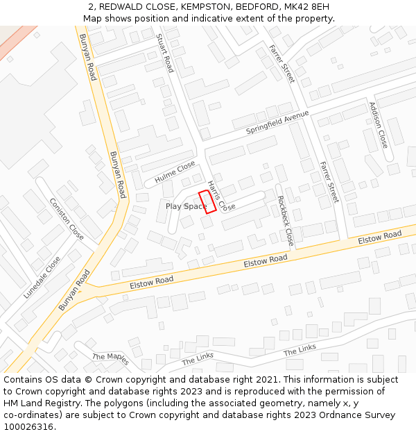 2, REDWALD CLOSE, KEMPSTON, BEDFORD, MK42 8EH: Location map and indicative extent of plot