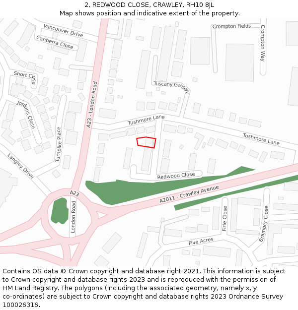 2, REDWOOD CLOSE, CRAWLEY, RH10 8JL: Location map and indicative extent of plot