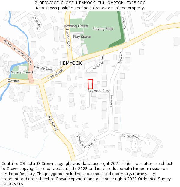 2, REDWOOD CLOSE, HEMYOCK, CULLOMPTON, EX15 3QQ: Location map and indicative extent of plot