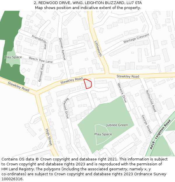 2, REDWOOD DRIVE, WING, LEIGHTON BUZZARD, LU7 0TA: Location map and indicative extent of plot