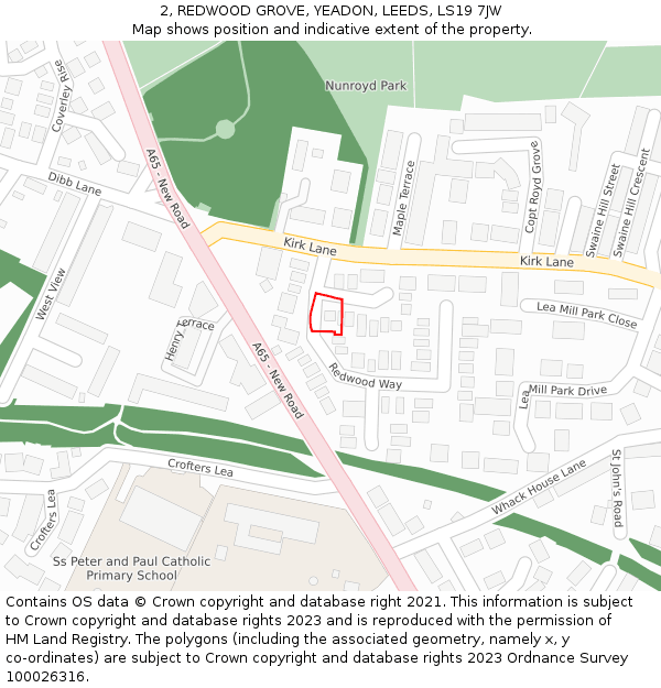 2, REDWOOD GROVE, YEADON, LEEDS, LS19 7JW: Location map and indicative extent of plot
