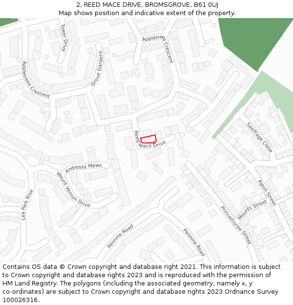 2, REED MACE DRIVE, BROMSGROVE, B61 0UJ: Location map and indicative extent of plot