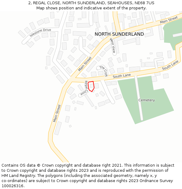 2, REGAL CLOSE, NORTH SUNDERLAND, SEAHOUSES, NE68 7US: Location map and indicative extent of plot