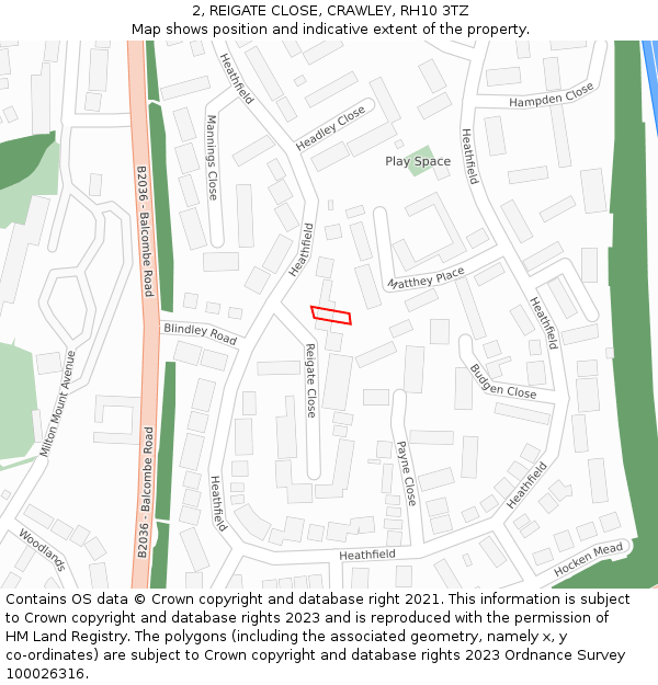 2, REIGATE CLOSE, CRAWLEY, RH10 3TZ: Location map and indicative extent of plot