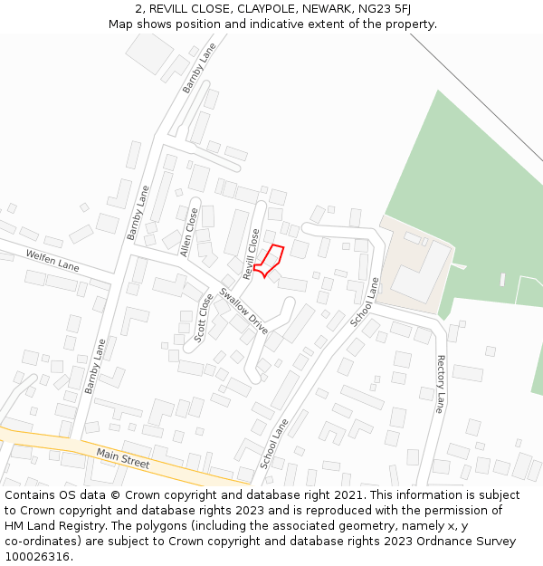 2, REVILL CLOSE, CLAYPOLE, NEWARK, NG23 5FJ: Location map and indicative extent of plot