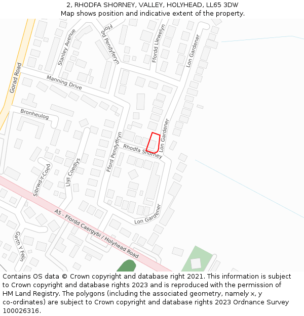 2, RHODFA SHORNEY, VALLEY, HOLYHEAD, LL65 3DW: Location map and indicative extent of plot