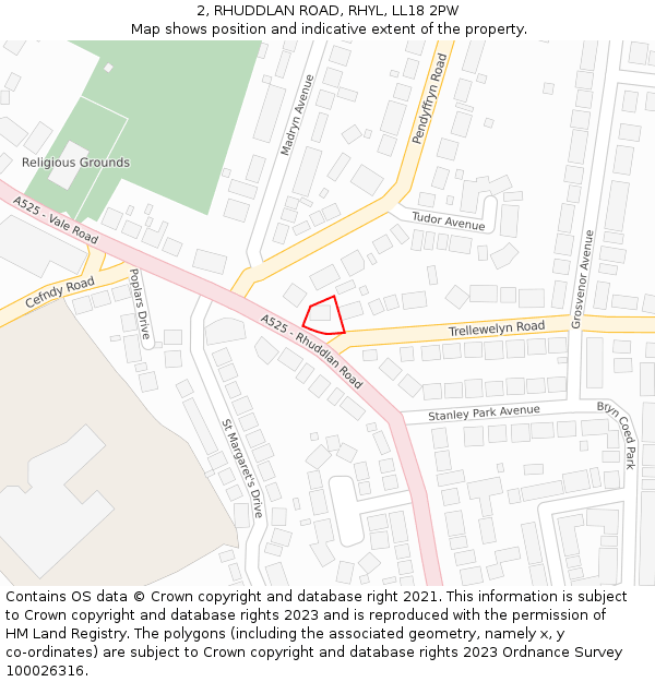 2, RHUDDLAN ROAD, RHYL, LL18 2PW: Location map and indicative extent of plot