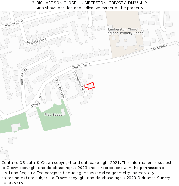 2, RICHARDSON CLOSE, HUMBERSTON, GRIMSBY, DN36 4HY: Location map and indicative extent of plot