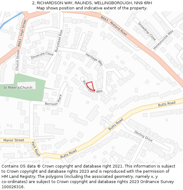 2, RICHARDSON WAY, RAUNDS, WELLINGBOROUGH, NN9 6RH: Location map and indicative extent of plot