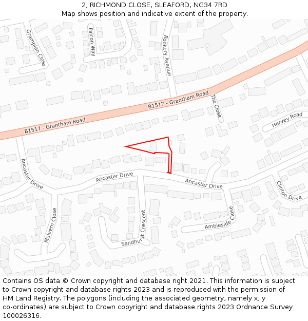 2, RICHMOND CLOSE, SLEAFORD, NG34 7RD: Location map and indicative extent of plot