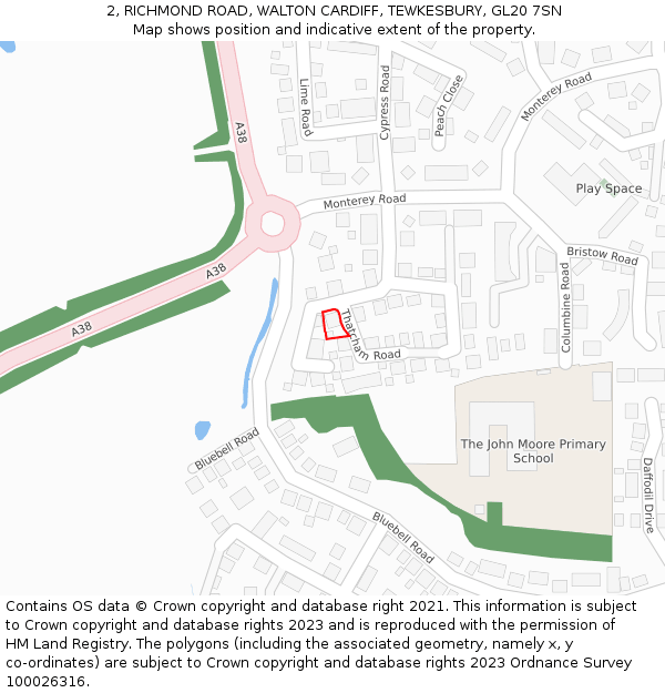 2, RICHMOND ROAD, WALTON CARDIFF, TEWKESBURY, GL20 7SN: Location map and indicative extent of plot