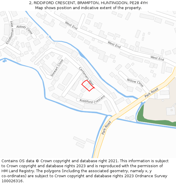 2, RIDDIFORD CRESCENT, BRAMPTON, HUNTINGDON, PE28 4YH: Location map and indicative extent of plot